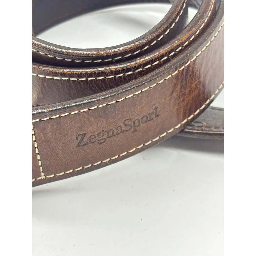 Ermenegildo Zegna Sport Mens Brown Leather Belt 34 Made in Italy Contrast Stitch